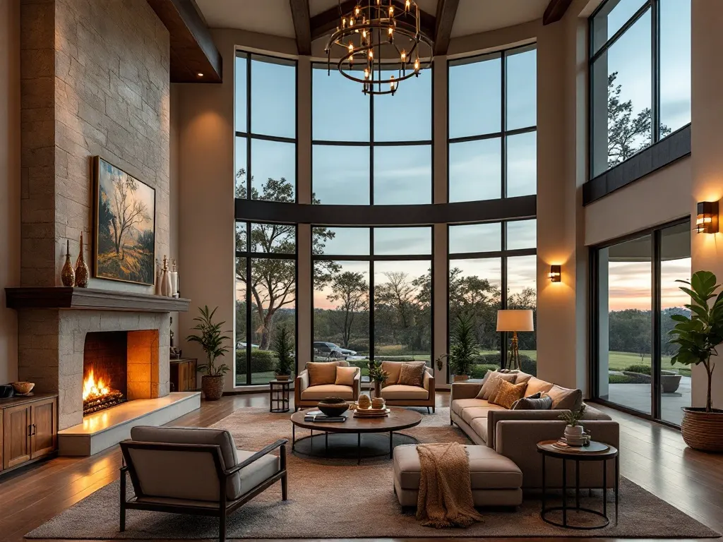The interior of an upscale North Texas home at dusk, warm lamplight on wood, stone and clean-lined furniture.