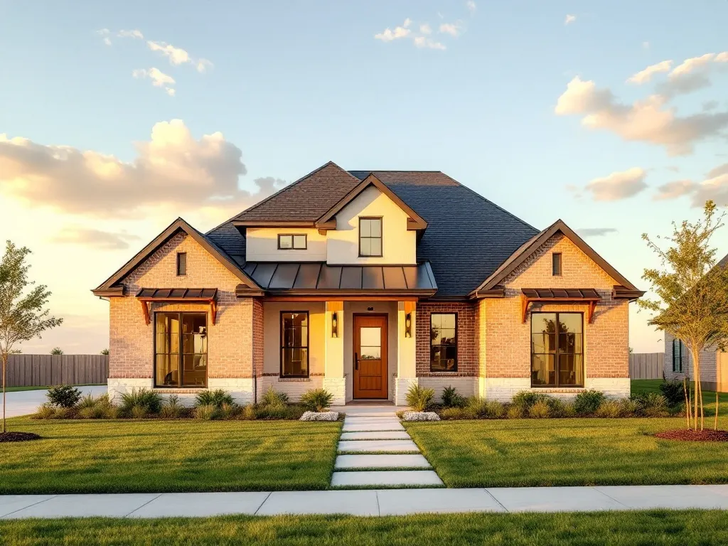 A newly-built modern home in a fast-growing North Texas community under a bright warm sky.