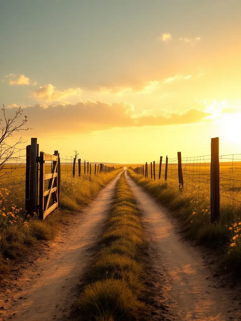 Open North Texas pasture at golden hour, a gravel lane running toward a distant tree line.