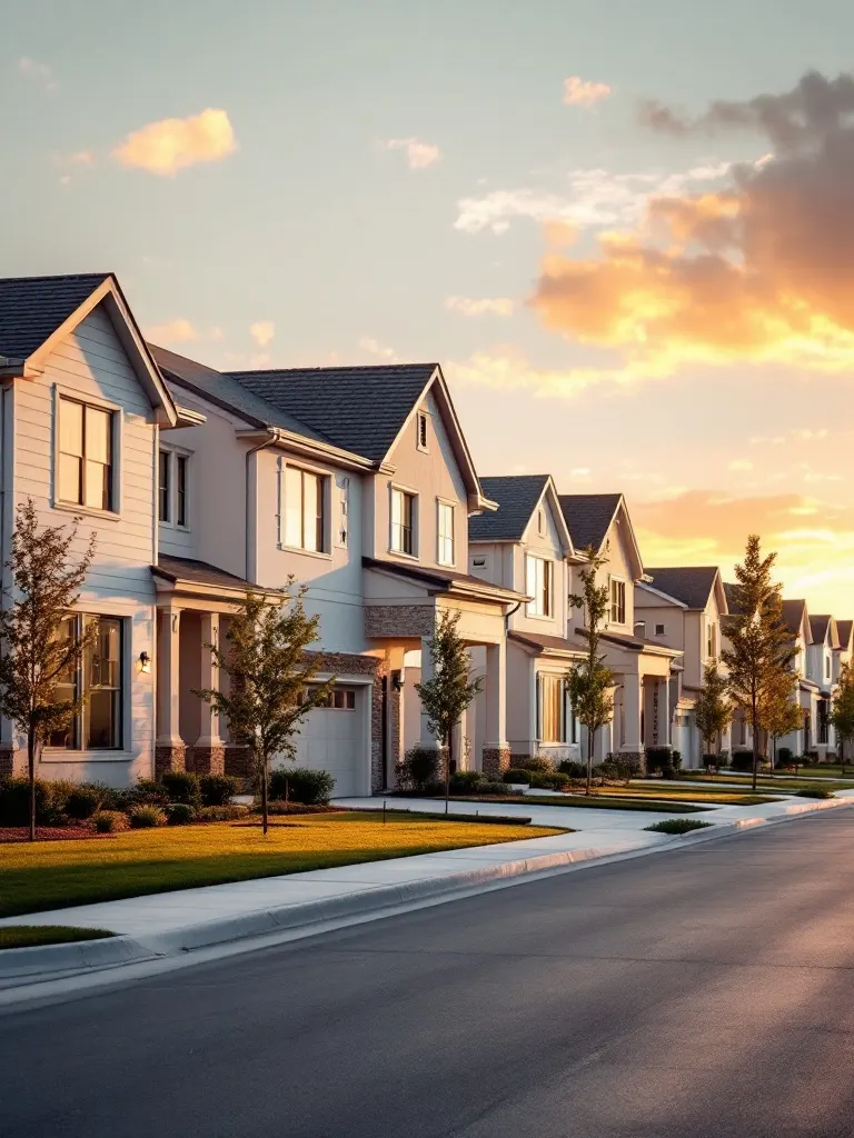A neat row of newly built single-family homes on a fresh North Texas street at golden hour, the look of a smart income-property block.