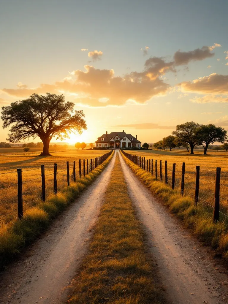 A long private ranch drive lined with a wooden post fence leading to a distant ranch house at golden hour across open North Texas pasture.