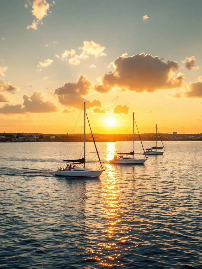 A serene golden-hour vista of Lake Ray Hubbard with a few sailboats on calm water and a low waterfront town profile on the horizon.