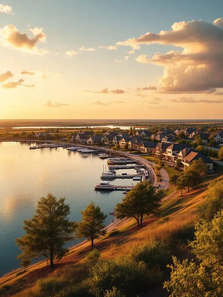 A new master-planned lake community on the Lake Texoma shoreline at golden hour, a marina with docks and fresh homes among young trees.