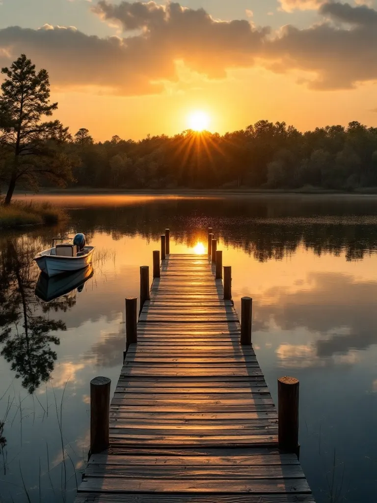 A calm cove on Lake Texoma at golden hour with a wooden dock reaching into still water and a single boat at rest.