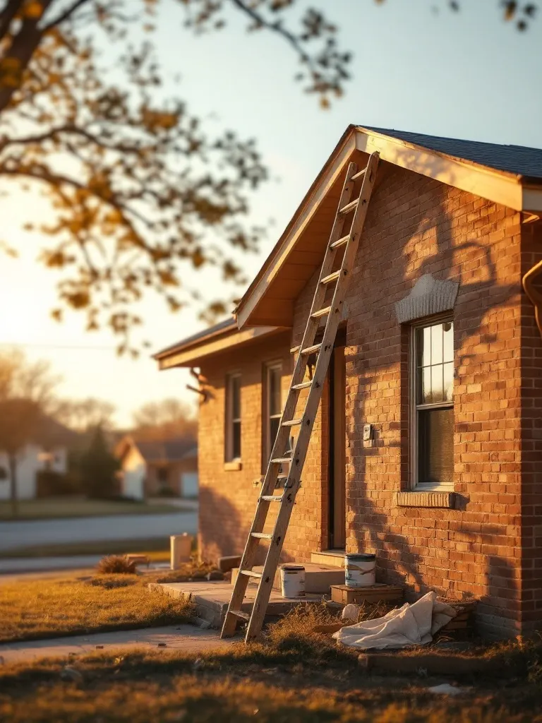 A North Texas brick home mid-renovation at golden hour, a ladder against the wall and paint cans on the porch.