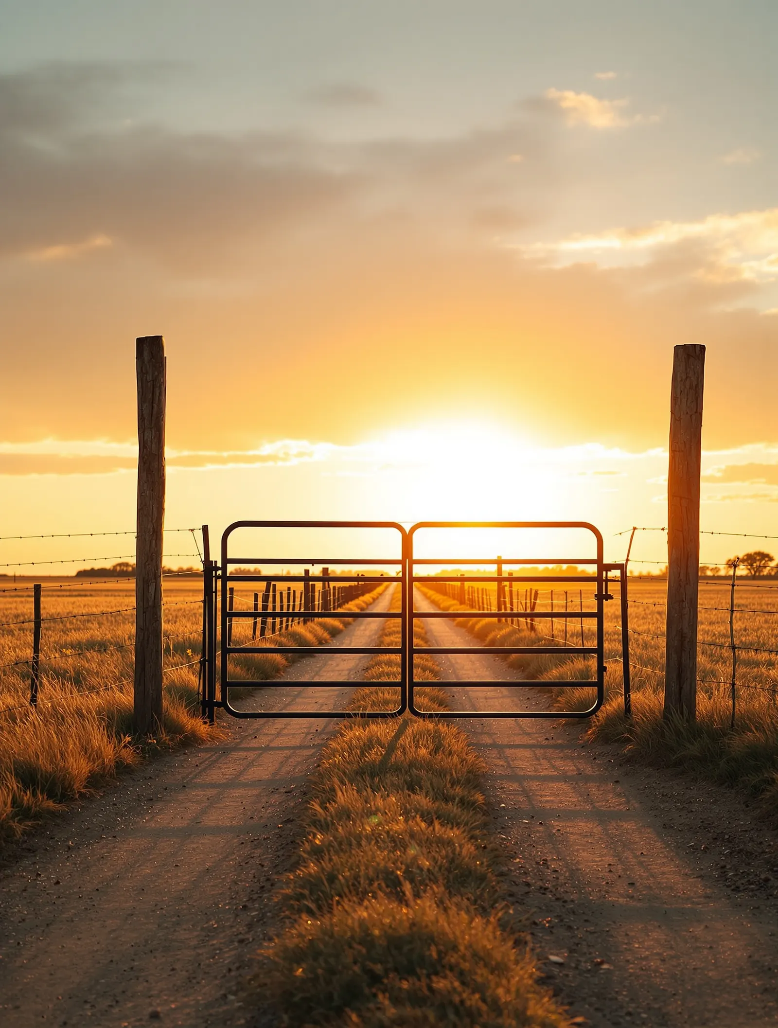 A closed metal farm gate across a dirt ranch road at sunset, barbed wire fence running away on both sides into open North Texas pasture.