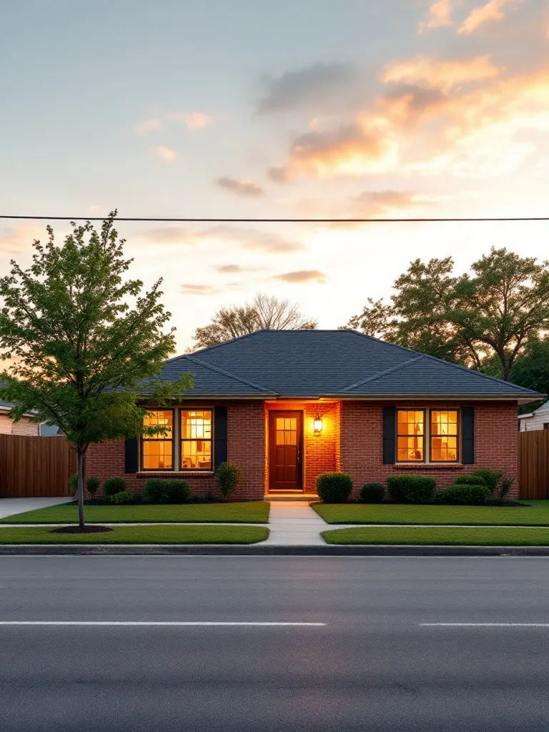 A freshly finished North Texas brick rental home with warm glowing windows at dusk on a calm small-town street.