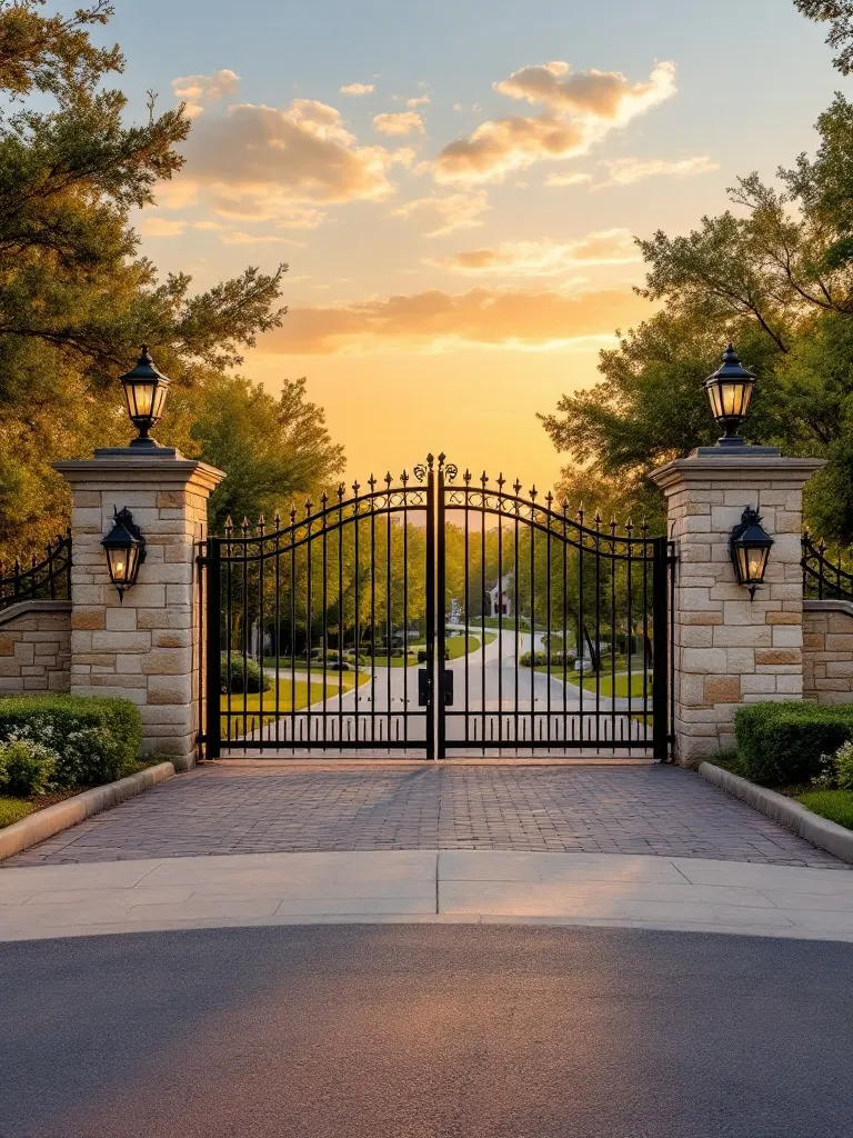 The stone-and-iron gated entrance of an established lakeside community at golden hour, tree-lined streets beyond.
