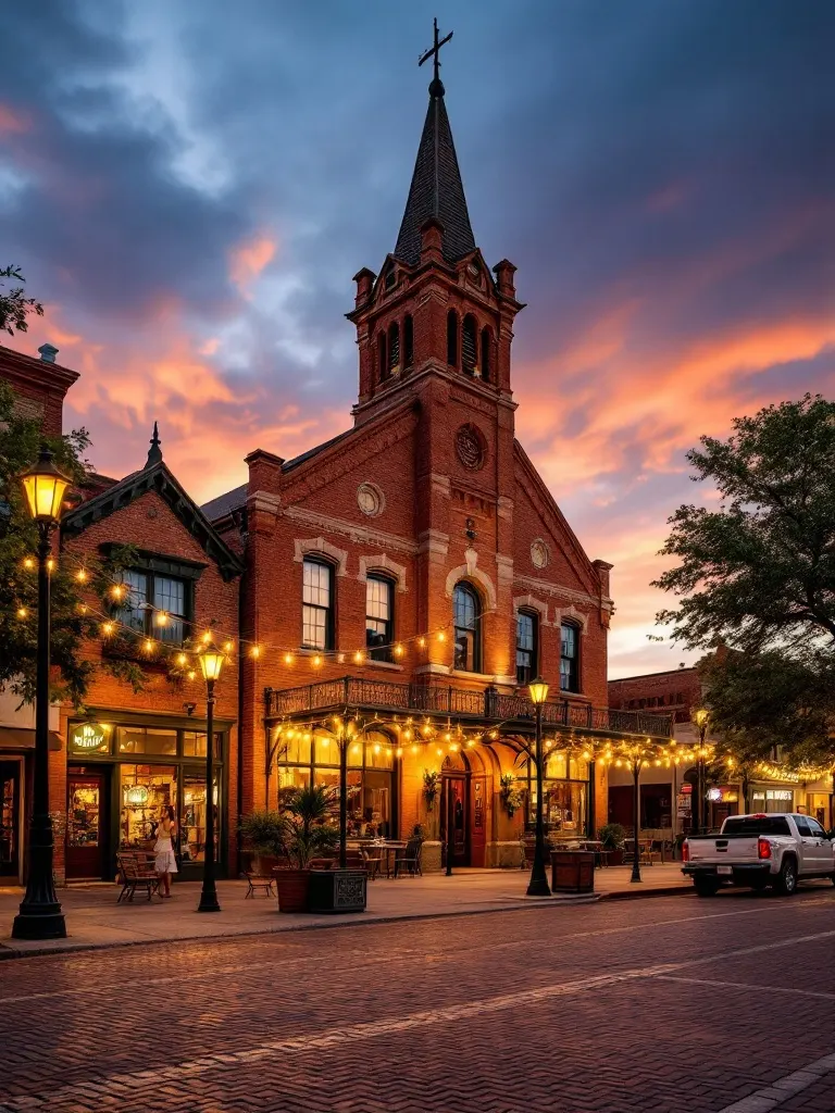 A historic red-brick courthouse and local storefronts on a small Texas town square at warm dusk with string lights.