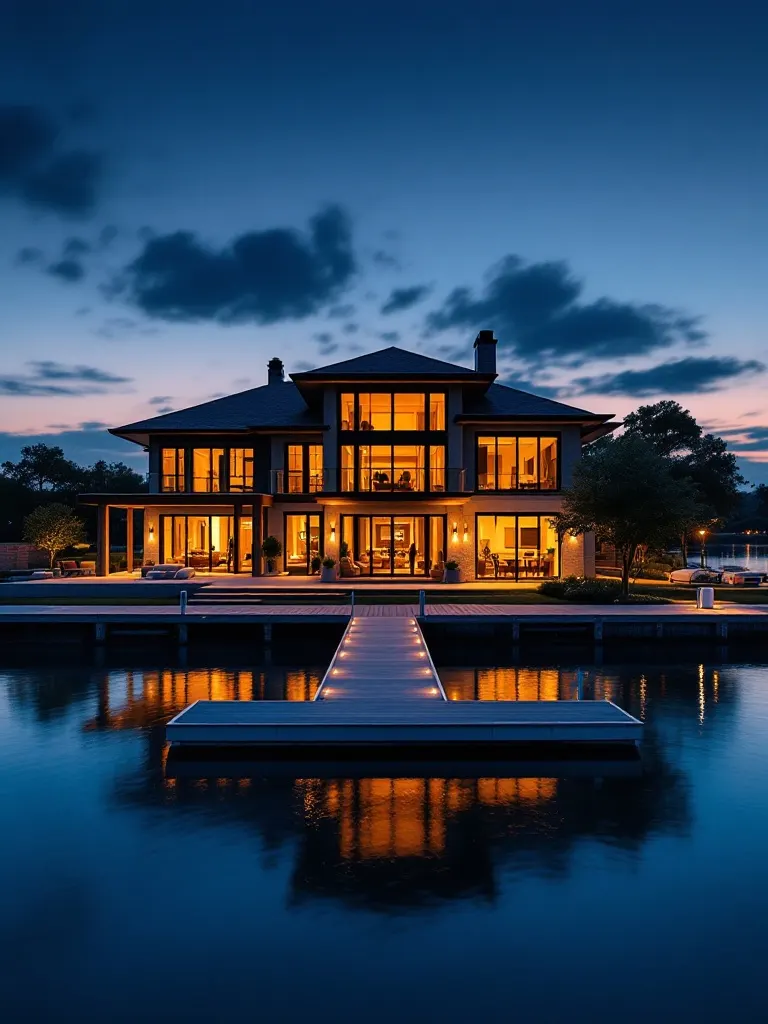 A contemporary waterfront home on Lake Ray Hubbard at twilight with warm-lit windows and a private boat dock over glassy water.