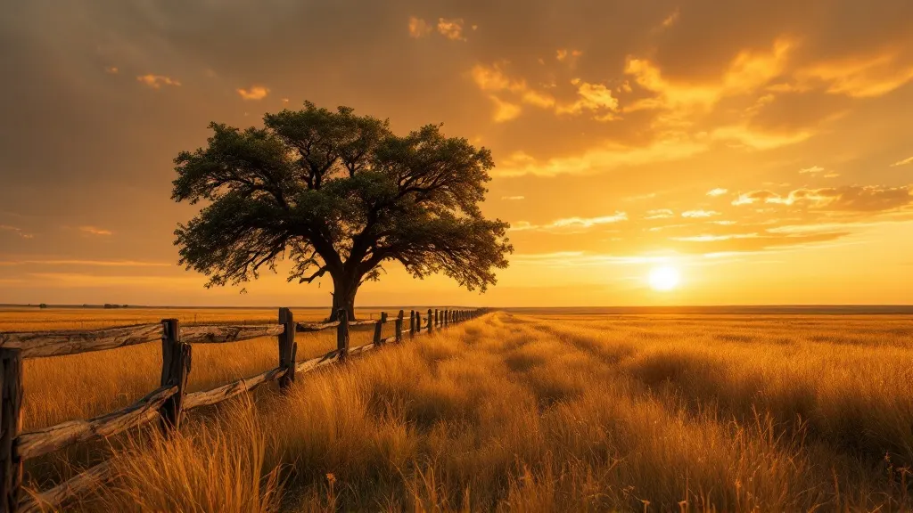 Open North Texas prairie at golden hour, a weathered fence line and a lone live oak under a wide amber sky.