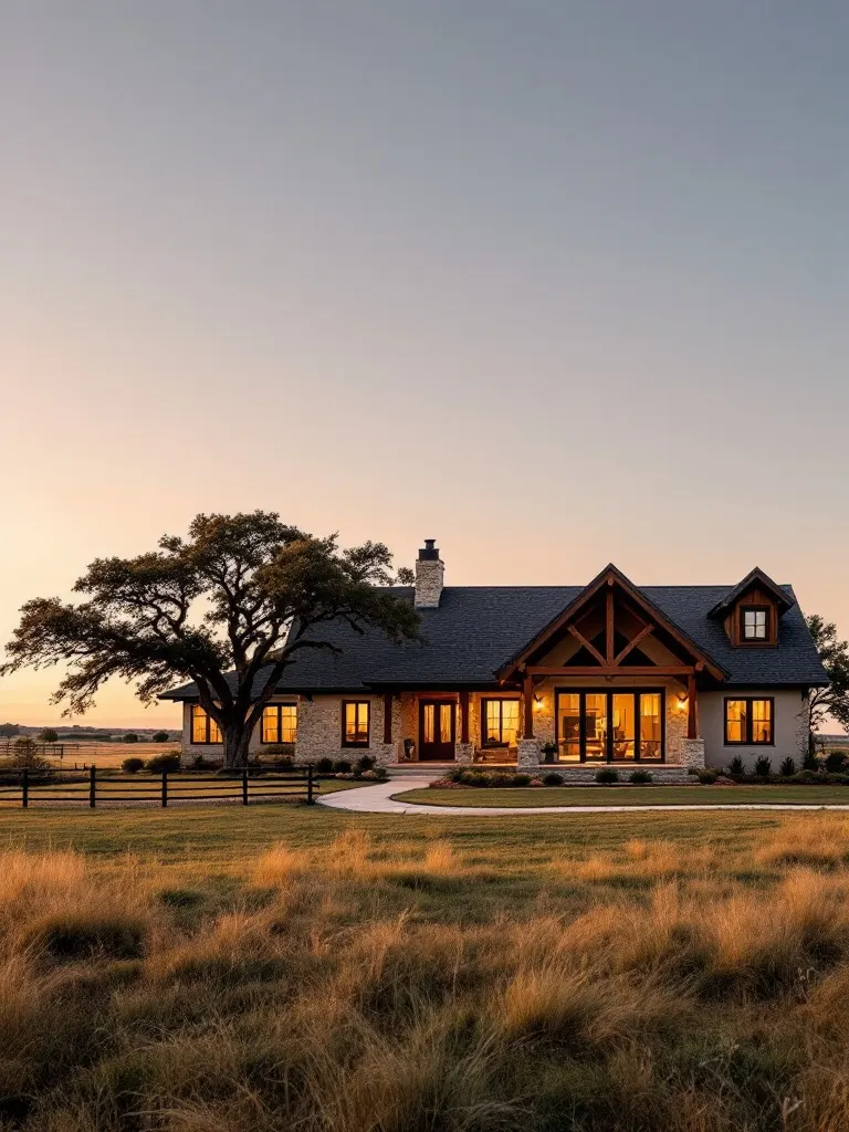 A stone-and-timber ranch estate set among live oaks on a wide North Texas property at golden hour.