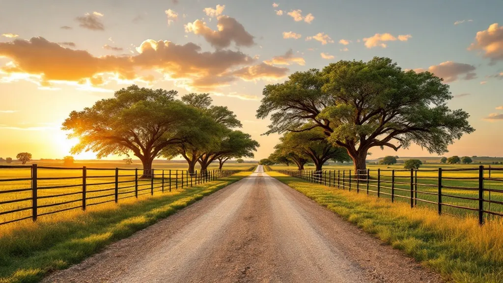 A private North Texas ranch entrance at golden hour, a live-oak-lined drive and black ranch fencing over rolling pasture.