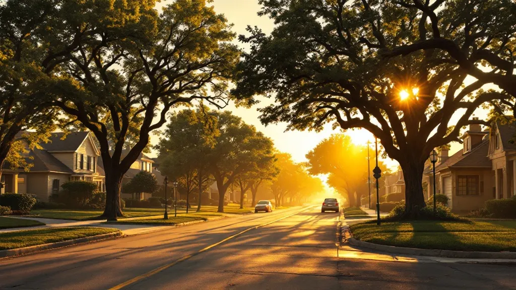 A leafy established North Texas suburban street at golden hour under mature shade trees.