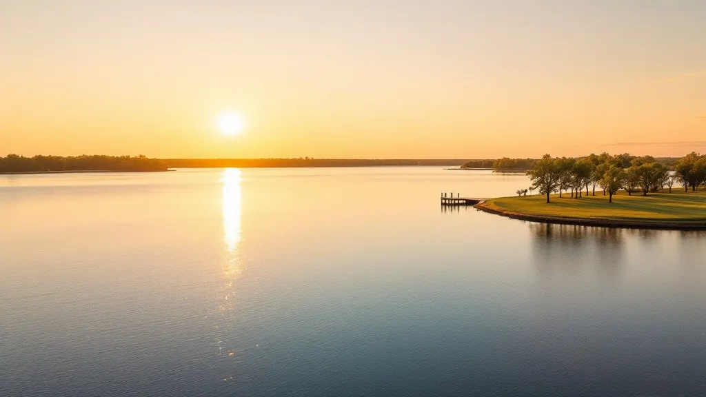 A wide view of Lake Texoma at golden hour, calm sparkling water reaching a low flat treeline under an amber sky.