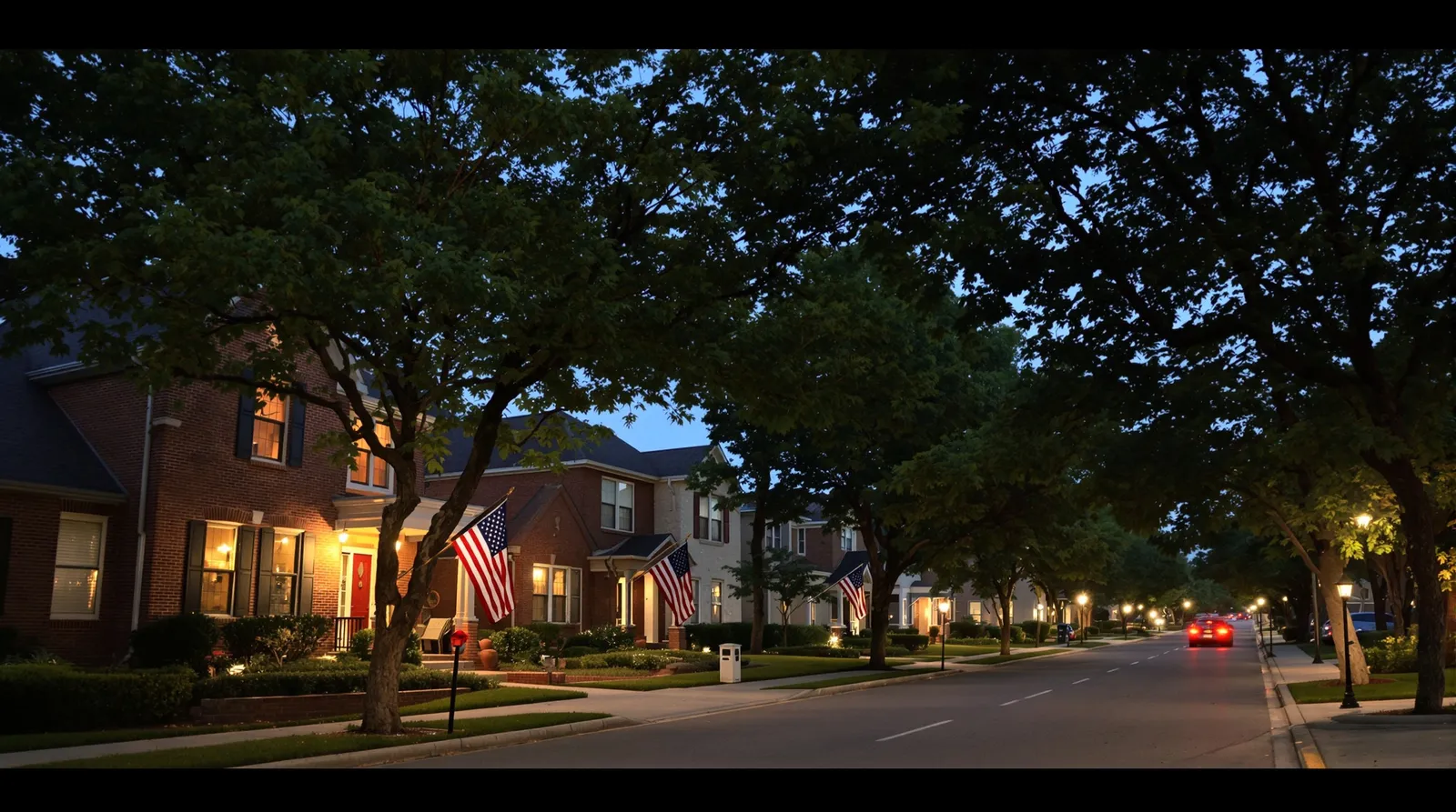 An established North Texas residential street at dusk, brick and stone homes with mature trees and a few American flags by the front doors, warm porch light beginning to glow.