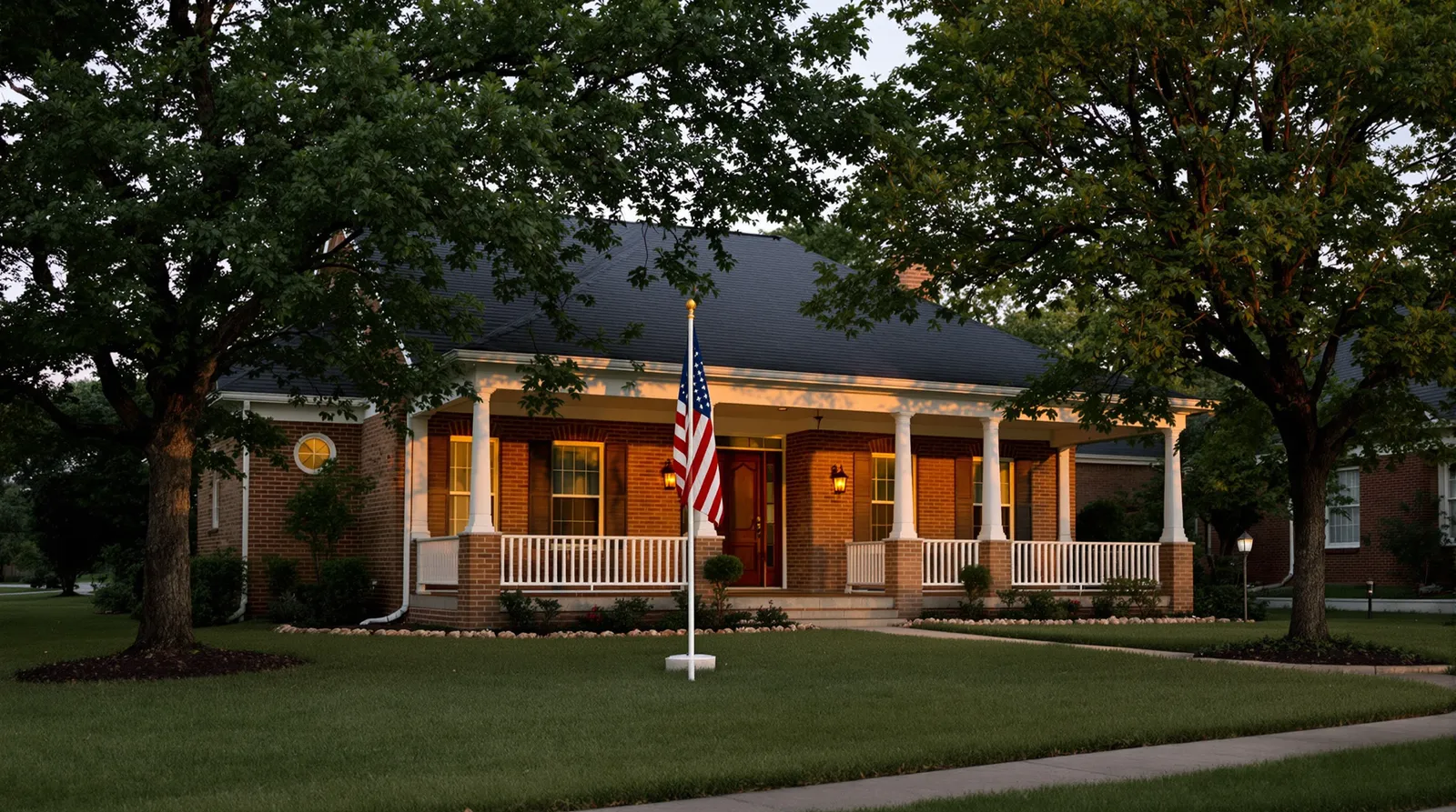A classic North Texas brick and stone home with a covered front porch at golden hour, an American flag by the porch column catching the low warm light.