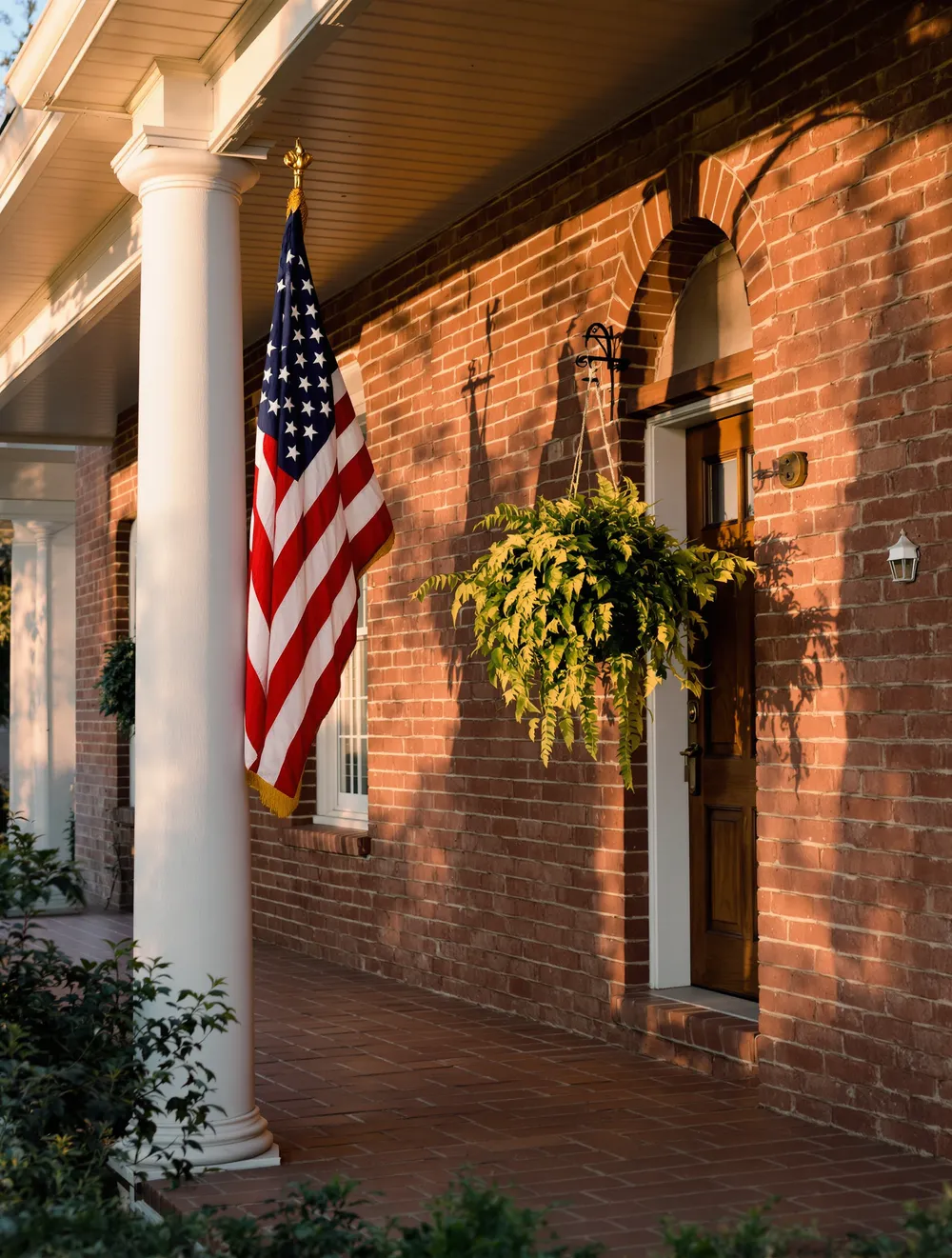 The corner of a covered front porch on a classic Texas brick home at golden hour, a white column and an American flag on a wall-mounted pole beside the door, a hanging fern.