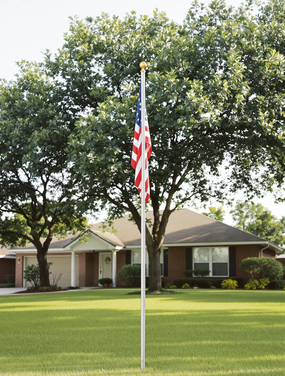 A single American flag on a slim flagpole standing in a neat green front lawn, a well-kept one-story Texas brick home softly out of focus behind it.