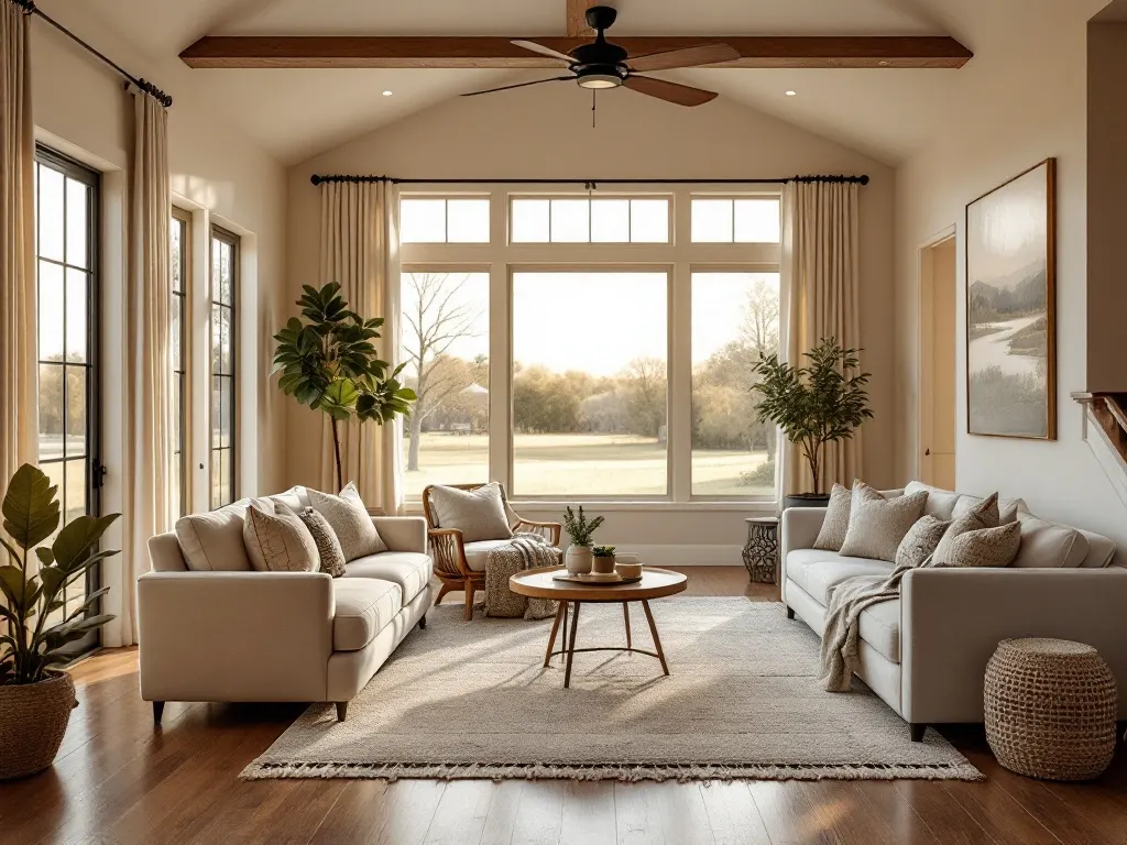 A warmly renovated North Texas living room at golden hour, wood floors, clean-lined furniture and big windows, the finished result of a rehab.