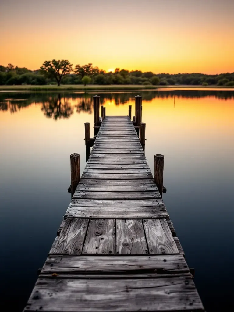 A weathered private wooden boat dock reaching over glassy golden-hour water on a North Texas reservoir with a low, flat treeline beyond.