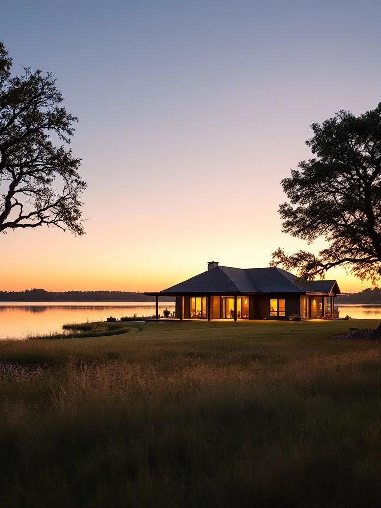 A single-story lake home lit warmly from within at dusk, on a lawn above a calm North Texas reservoir framed by live oaks.