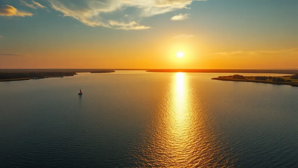 A wide North Texas reservoir at golden-hour sunset, open sparkling water stretching to a low flat treeline under an enormous warm sky.