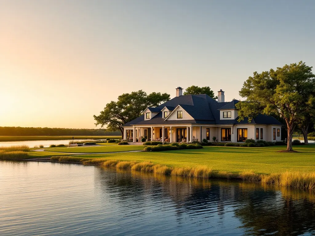 An elegant transitional lakefront home on a broad green lawn sloping down to the water's edge at golden hour.