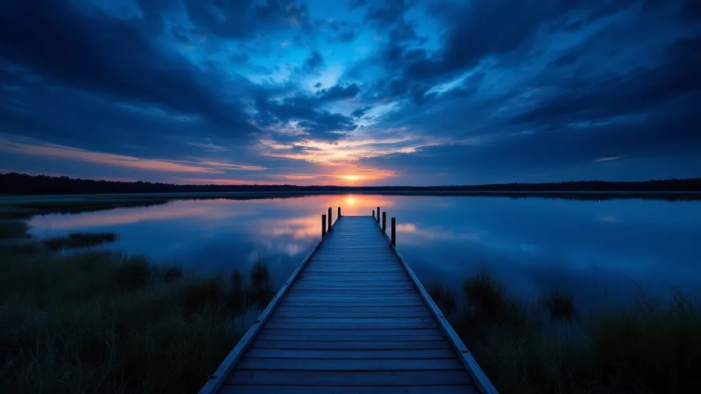 A North Texas lake at blue-hour, a lone dock reaching into perfectly still water beneath an enormous deep-blue dusk sky.