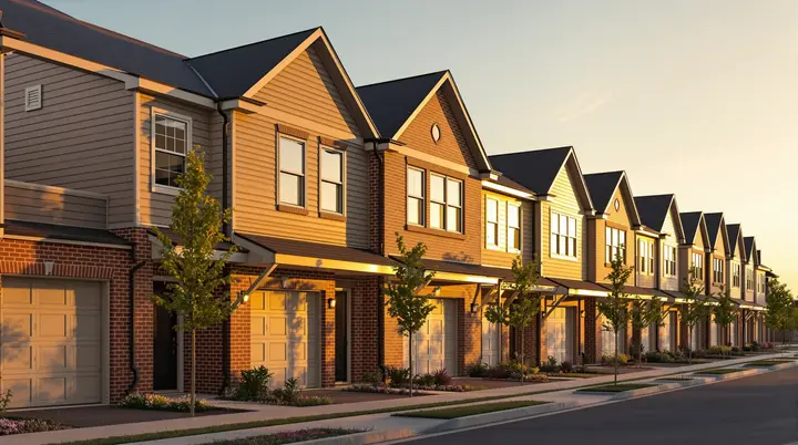 A row of newly built North Texas townhomes in warm late-afternoon light.