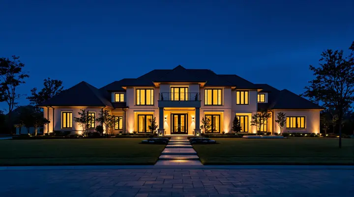 A North Texas luxury estate at dusk, warm light glowing from tall windows against a deep blue sky.