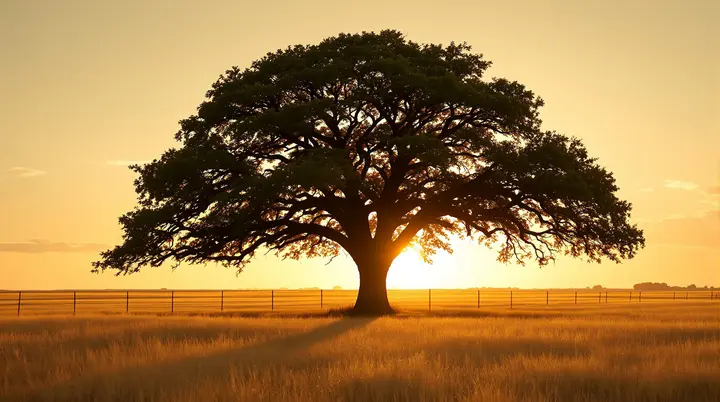 A lone spreading live oak silhouetted against a golden sunset over open North Texas pasture.