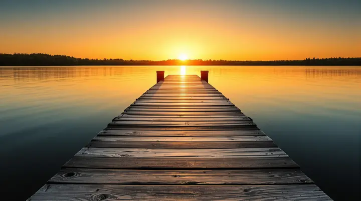 A wooden dock running out into calm golden lake water at sunset.